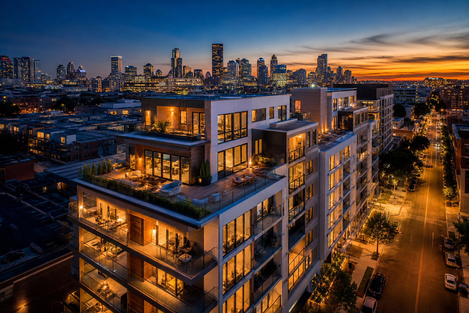 Modern luxury apartments at twilight